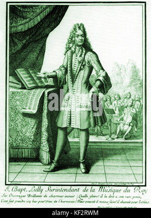 Jean Baptiste Lully avec un groupe d'ensemble de musiciens de la cour derrière lui (violon, viole de gambe) Gravure de Bonnart, Henri (1642-1711). Compositeur franco-italienne, 1632-1687. Banque D'Images