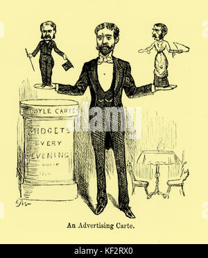 W S Gilbert et Arthur Sullivan. caricature de eux comme midgets, tenu par Richard D'Oyly Carte. 'Une Carte' Publicité - Midgets chaque soir' de l'article contemporain intitulée "Les Savoyards' dans Punch 1882 par E.J. Wheeler. ( D'Oyly Carte le maître de marionnettes) Banque D'Images