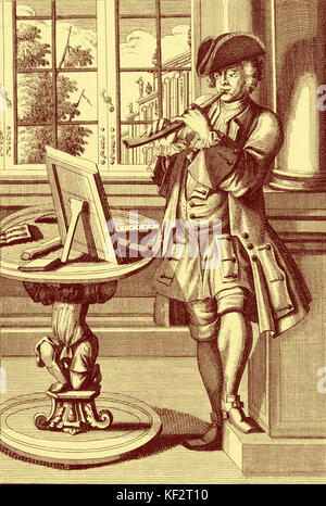 Homme jouant de cornet. Gravure par J C Weigel (1661-1726) Banque D'Images