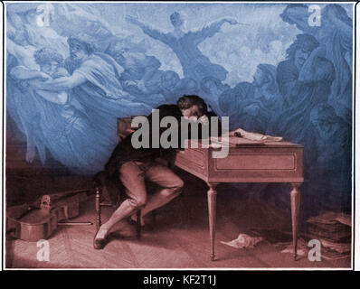 BEETHOVEN, Ludwig van - endormi au piano épuisé après les efforts de composition, B s'endort et rêve un rêve plein de figures allégoriques. Après Leyendecker. Ludwig van Beethoven. Compositeur allemand 1770-1827 Banque D'Images