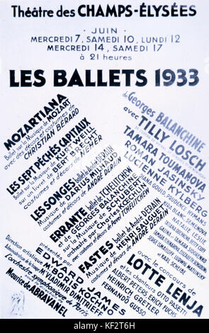 Les Ballets 1933, affiche des performances de la publicité au Théâtre des Champs-Elysées, Paris, France. Société formée par George Balanchine, chorégraphe russo-américain, 22 janvier 1904 - 30 avril 1983. Banque D'Images