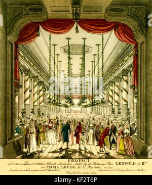 Couronnement de Léopold II Ball, 1791. Tenue dans le bâtiment du Théâtre Nostitz, Prague, construit spécifiquement pour but de balle. Couleur de gravure de J. Quirin Jahn. Léopold II, empereur romain germanique et roi de Bohême et de Hongrie, 1747- 1792. Banque D'Images