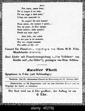 Concert Mozart - programme, page 2. 4 février 1841, Gewandeshaus, Leipzig. Organisé et en partie réalisée par Felix Mendelssohn. Compositeur allemand, 3 février 1809 - 4 novembre 1847. Banque D'Images