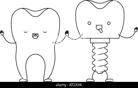 La dent et de l'implant avec la vis et tenir la main dans la caricature silhouette monochrome Illustration de Vecteur