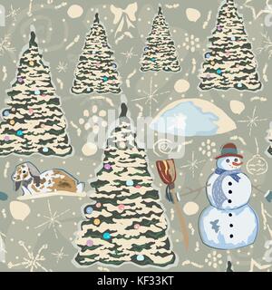 Motif d'hiver coloré décoré avec bonhomme de neige, sapins et bunny dans la neige. collection d'hiver. vector illustration Illustration de Vecteur