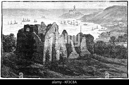 1890 : les ruines du 12ème siècle, un château d'Oystermouth Norman Stone castle surplombant la Baie de Swansea sur le côté est de la péninsule de Gower près du village de la bredouille. Swansea, Pays de Galles du Sud. Banque D'Images