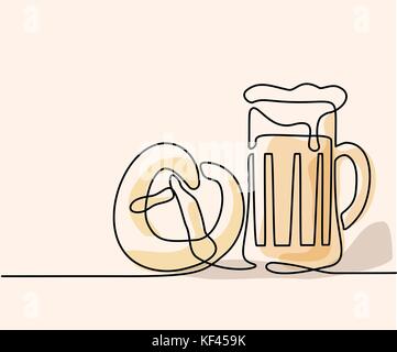 Ligne continue dessin. oktoberfest beer mug et bretzel. soft color vector illustration Illustration de Vecteur