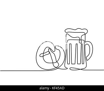 Ligne continue dessin. oktoberfest beer mug et bretzel. vector illustration Illustration de Vecteur