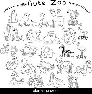 Collection de cute cartoon doodle d'animaux et d'oiseaux du monde. orienté pour des pages à colorier des illustrations vectorielles. Illustration de Vecteur