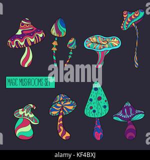 Ensemble de champignons stylisé en couleurs acides Illustration de Vecteur