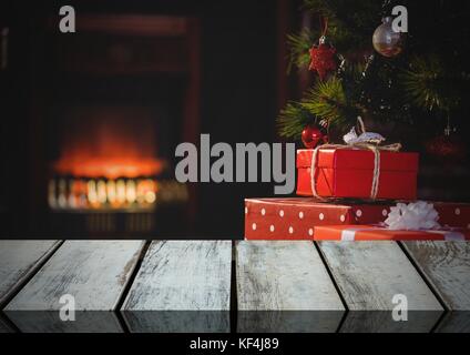 Digital composite de plancher en bois avec fond thème de Noël Banque D'Images