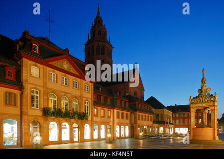 Nachtaufnahme vom markt und mit marktbrunnen dom st. Martin und st. Stefan à Mayence, Rhénanie-Palatinat, kaiserdom, kathedrale, hoher dom Banque D'Images