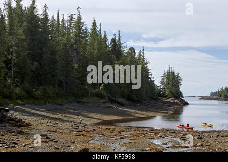 Deux kayaks sur la rive à foggy Bay en Alaska à marée basse avec une plage de galets et dense forêt de pins sous un ciel nuageux Banque D'Images