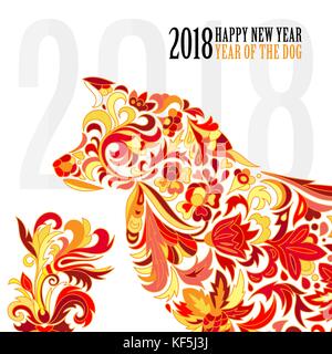 Chien, symbole de 2018 sur le calendrier chinois. Bonne année 2018 carte pour vos flyers et carte de voeux. vector illustration. doodle style. rouge Jaune sur blanc. stamp. Illustration de Vecteur