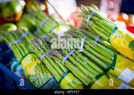 Bouquets d'asperges fraîches attachées ensemble avec elatic violet bandes sur un stand dans le Yorkshire, en Angleterre au Royaume-Uni Banque D'Images