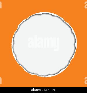 Vector illustration réaliste d'orange papier déchiré avec ombre et trou de forme circulaire sur fond bleu avec cadre pour le texte Illustration de Vecteur