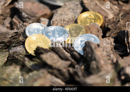 L'or et l'argent pièces de monnaie bitcoin se trouvent sur les maisons en bois et des chaînes. online devises finance. Banque D'Images