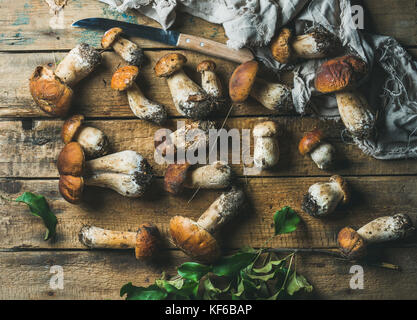 Champignons des bois blanc non cuit frais sur fond de bois Banque D'Images