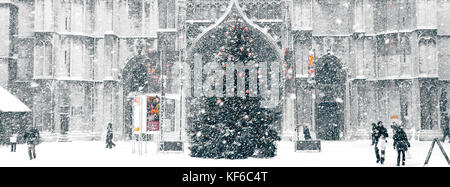 Tempête dans la ville : scène de rue avec noël sapin et de la cathédrale. de long large banner Banque D'Images