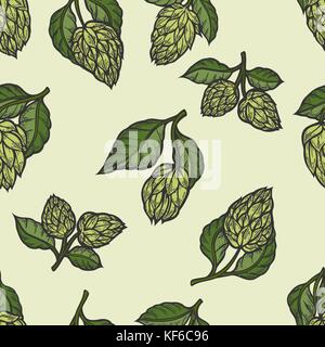 Hop vector pattern transparente. hand drawn bière houblon vert artistique avec des feuilles sur fond blanc. Papier peint à l'ancienne Illustration de Vecteur