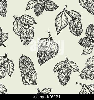 Hop vector pattern transparente.main noire appelée bière artistique hop branche avec feuilles sur fond blanc papier vintage style gravé.. grand encombrement Illustration de Vecteur