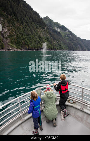 Usa, Alaska, Seward, passagers explorer résurrection bay sur un bateau la façon de holgate glacier, regardant une tuyère d'baleine à bosse Banque D'Images