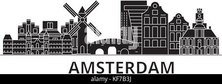 Amsterdam architecture vector city skyline, paysage urbain voyage avec des repères, des bâtiments, sites isolés sur l'arrière-plan Illustration de Vecteur