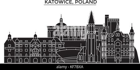 Pologne katowice, vecteur de l'architecture de la ville, paysage urbain voyage avec des repères, des bâtiments, sites isolés sur l'arrière-plan Illustration de Vecteur