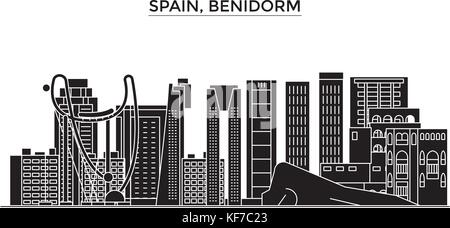 Benidorm espagne, vecteur de l'architecture de la ville, paysage urbain voyage avec des repères, des bâtiments, sites isolés sur l'arrière-plan Illustration de Vecteur