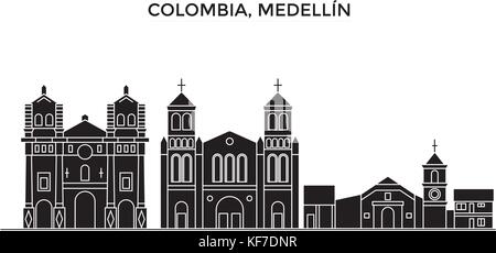 La Colombie, Medellin, ville vecteur architecture paysage urbain noir avec des repères, des sites isolés sur l'arrière-plan Illustration de Vecteur