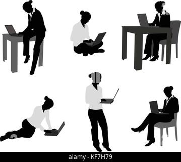 Femme au travail sur son ordinateur portable - vector silhouettes Illustration de Vecteur