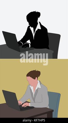 Femme au travail sur son ordinateur portable - vector silhouettes Illustration de Vecteur