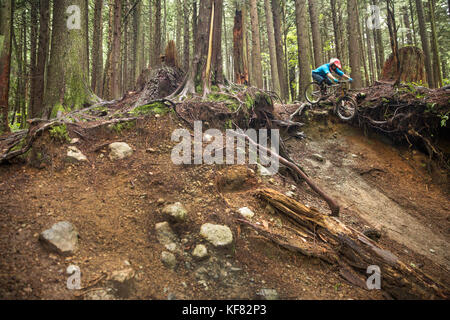 Canada, Vancouver, Colombie-Britannique, mountain biker Andrew Baker obtient l'air sur un sentier dans la forêt tropicale, north vancouver Banque D'Images