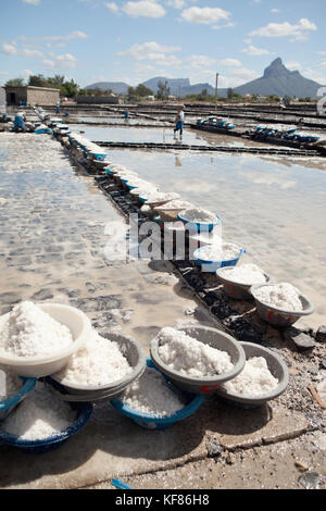 L'Ile Maurice, tamarin, les femmes assument de lourdes charges de sel à une installation de stockage où il est stocké et préparés pour le transport, les salines de tamarin Banque D'Images