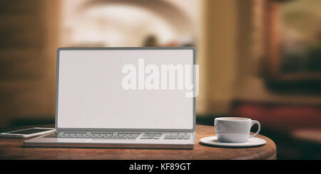 Ordinateur portable avec couleur argentée et écran blanc placé sur une table en bois. Fond flou du café. illustration 3d. Banque D'Images