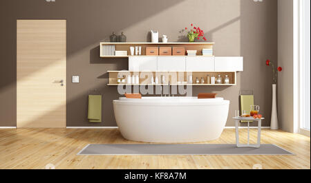 Moder salle de bains avec baignoire ronde et des étagères sur le mur avec des objets - le rendu 3D Banque D'Images