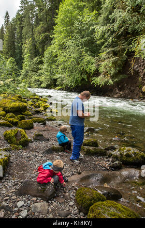 Usa, Ohio, santiam river, brown cannon, de jeunes garçons d'apprendre à pêcher sur la rivière santiam dans la forêt nationale de willamete Banque D'Images