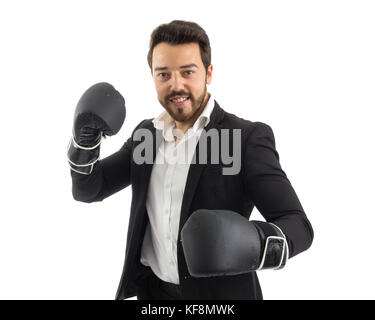 Entrepreneur est boxing. concept de volonté, disposé, travailleuse, fighter. belle personne est barbu vêtu de noir veste et whit Banque D'Images