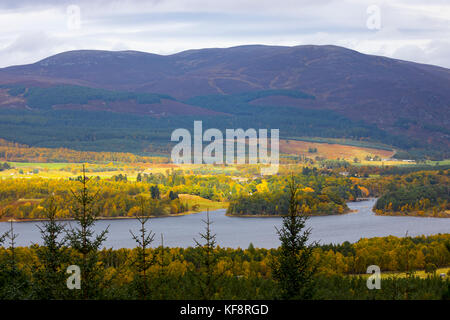 La rivière Spey comme il se jette dans le loch insh près du village de kincraig en pleine couleurs d'automne avec les hautes terres de geal mor dans la distance Banque D'Images