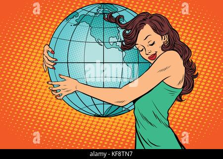 Woman hugging la terre Amérique continentale Illustration de Vecteur