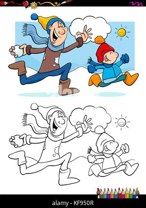 Cartoon illustration de père et petit fils lançant des boules de neige et s'amuser sur l'heure d'hiver l'activité de coloriage Illustration de Vecteur