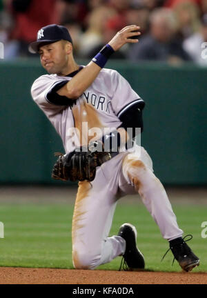 New York Yankees shortstop Derek Jeter stretches just before the New York  Yankees played the Anaheim Angels at Yankee Stadium in the Bronx on August  21, 2004. (UPI Photo/John Angelillo Stock Photo 