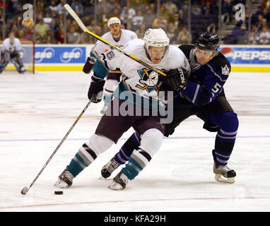 Anaheim Mighty Ducks Samuel Pahlsson, (L), essaie de patiner autour de Los Angeles Kings Tomas Ziska, durant la première période, au Staples Center de Los Angeles, Californie) le samedi 28 février 2004. Photo par Francis Specker Banque D'Images