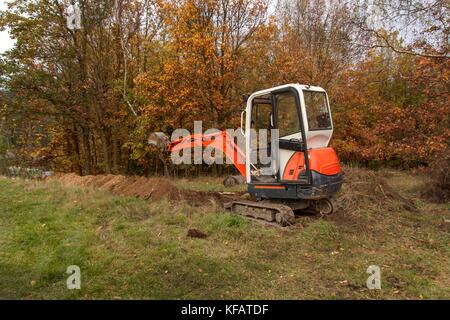 Mini pelle sur chantier. construction d'une maison de famille près d'une forêt Banque D'Images