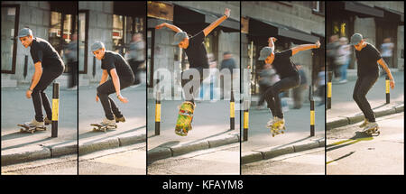 Skateboard trottoir et route saut et tour de rue séquence. Freeride école de skateboard. Style de skate de trafic Banque D'Images