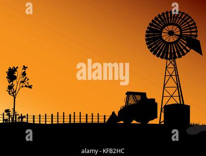 Australian Outback scène avec wind turbine bobcat et dingo en silhouette Illustration de Vecteur