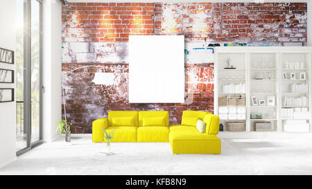 L'intérieur moderne en vogue avec la table verticale jaune, cadre vide et copyspace dans entente horizontale. Le rendu 3d. Banque D'Images