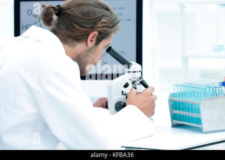 Technicien en laboratoire principal à l'aide de microscope in laboratory Banque D'Images