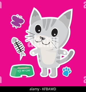 Chat mignon cartoon autocollant fixé sur fond bleu vector illustration Illustration de Vecteur