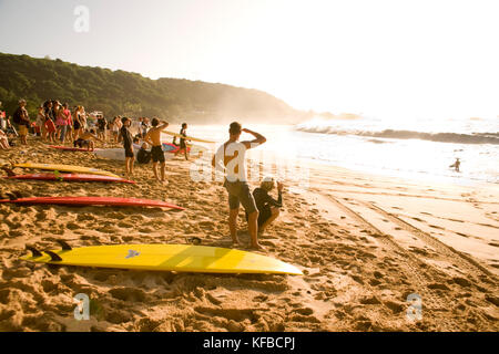 Usa, Hawaii, Oahu, surfeurs et foule regarder grand surf à Waimea Bay, north shore Banque D'Images